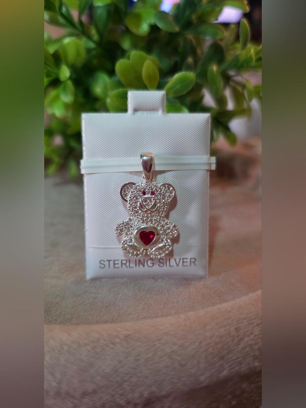 Sterling Silver Teddy Bear Pendant with Red Heart